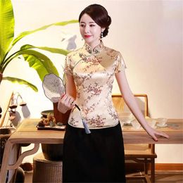 Women's Blouses Women Cheongsam Shirt Chinese Style Plum Print Summer Top Exquisite Buckles Stand Collar For Wedding