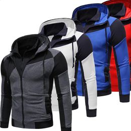 Spring Autumn Men's Hoodie Double Zipper Sweatshirt Patchwork Two Fake Pieces Jacket Colour Matching Cardigan Slim Fit Sportswear 240127