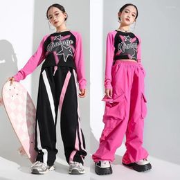 Stage Wear 2024 Jazz Modern Dance Costumes For Kids Pink Crop Tops Cargo Pants Suit Girls Hip Hop Performance Clothing DQS15241