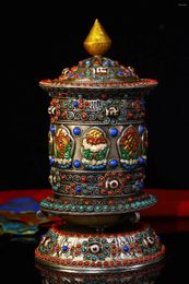 Decorative Figurines 8"Tibetan Temple Collection Old Bronze Mosaic Gem Auspicious Eight Treasures Prayer Wheel Buddha Whee Scriptures Amulet