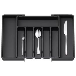 Drawer Organizer, Expandable Utensil Tray for Kitchen, Adjustable Flatware and Cutlery Holder, Compact Plastic Storage for Spoons Forks Knives, Large, Black