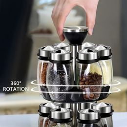 360 Rotating Spice Jar Glass Bottle Pepper Sugar Salt Sealed Container Seasoning Box with Storage Rack Kitchen Accessories 240129