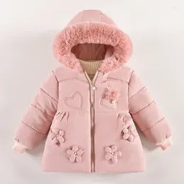 Down Coat 2024 Autumn Winter Flowers Girls Jacket Fur Collar Keep Warm Little Princess Hooded Zipper Baby Outerwear Kids Clothes