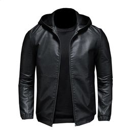 Casual Motorcycle PU Jacket Mens Winter Autumn Fashion Leather Jackets Male Slim Hooded Warm Outwear Fleece Clothing S-5XL 240131