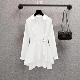 Women's Blouses Fashion Waist Belt Long Shirt Women Clothing Spring Summer Autumn Big Size Elegant Black White Blouse 2024 Female Tops