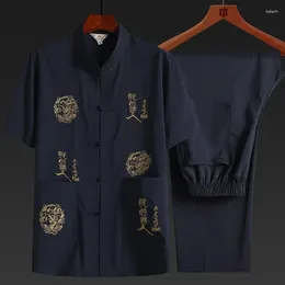 Ethnic Clothing Men's Traditional Chinese Costume Set 2-piece Short Sleeve Shirt Pants Breathable Embroidery Tang Suit Casual