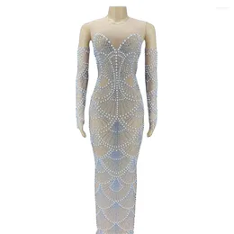 Stage Wear Nude Shining Crystal Rhinestones Sexy Long Split Dress For Women Evening Party Clothing Singer Costumes Prom Dance