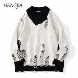 Black White Patchwork Pullovers Sweaters Washed Destroyed Ripped Sweater Men Harajuku Hole Knit Jumpers for Women Oversized 240202