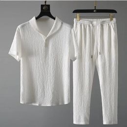 Summer Men's Solid Colour TwoPiece Sets Pleate Classic Tshirts Casual Pants Fashion Shirts Trousers Sports Suit 240118
