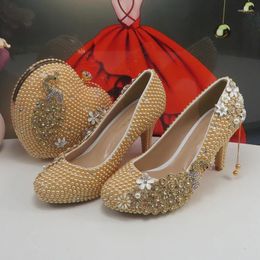 Dress Shoes BaoYaFang Champagne Gold Bridal Wedding And Bag Woman Round Toe Female Party Shallow Fashion High Pumps