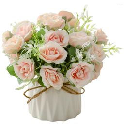 Decorative Flowers Vase Roses Fake Emulated Potted Plants Faux Flowerpot Lifelike Artificial Porcelain