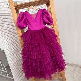 Girl Dresses Puffy Flower Dress For Wedding Satin Layered Tulle Short Sleeves Kids Birthday Party First Communion Ball Gowns