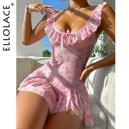 Women's Sleepwear Ellolace Sexy Ruffle Nightdress Sweet Floral Lace See Through Sissy Low Neck Fantasy Mini Dresses Night Clothes