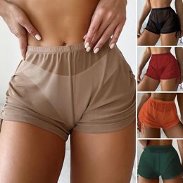 Side pull high waisted bikini shorts solid Colour elastic waistband swimming rod knee above womens beach shorts 240215