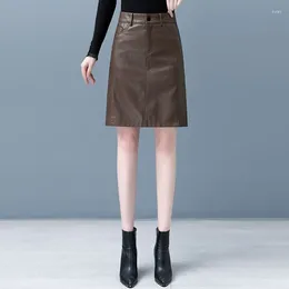 Skirts Women's High-End PU Leather Skirt Female Temperament High Waist A- Line Sheath Casual One-Step Autumn 2024