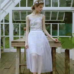Skirts LYNETTE'S CHINOISERIE Summer Embroidery Grey Pearl Beading A - Shaped Type Double Layer Faux Two Piece Set Bust Skirt