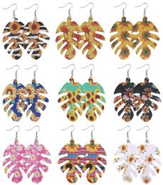 Unique Design Sunflower Printed PU Leather Earring for Women Girls Fashion Fish Bones Dangle Drop Earrings Waterdrop Ear Party Jew9999092