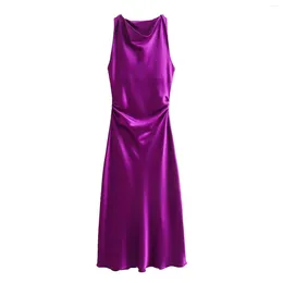 Casual Dresses Women 2024 Fashion Silk Satin Texted Midi Dress Vintage Sleeveless Pleated Chic Female Vestidos Robe Mujer
