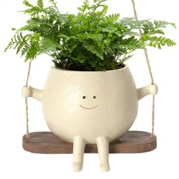 Lovely Swing Face Planter Pot Unique Wall Hanging Head Creative Resin Cute Succulent Plant With Twine Home Decor For Indoor 240122