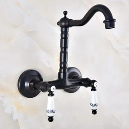 Bathroom Sink Faucets Dual Handle Duals Hole Wall Mount Basin Faucet Oil Rubbed Bronze Vanity Kitchen Cold Water Taps Dnf833