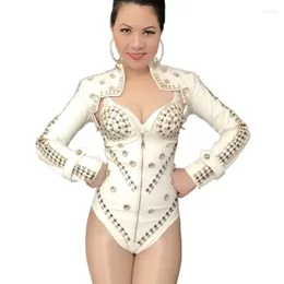 Stage Wear Black White Leather Rivet Bodysuit Short Coat Dance Outfits Bar Nightclub Women Singer Dancer Modern Performance Costumes