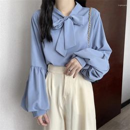 Women's Blouses Lantern Sleeve French Sweet Long - Sleeveved Shirt Bow Lace Up Solid Simple Tops Womann 2024Autumn Korean Chic Loose Female