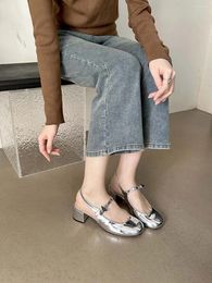 Dress Shoes Patent Leather Women Sandals 2024 Arrivals Summer Thick Mid Heeled Beige Silver Black Party Pumps Woman