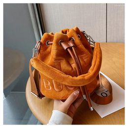 Evening Bags Women Soft Velvet Drawstring Shoulder Bag Female Brown Plush Shopper Tote Causal Letters Print Ladies Bucket Crossbody