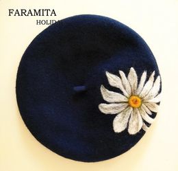 Faramita Holiday White Daisy Flowers Women Wool Felt French Berets Handmade Beret Girls Kids Child Winter Painter Hat Hats Cap 240130