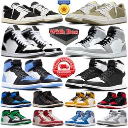 With box 1s jumpman 1 mid basketball shoes men women low Black White Phantom Olive UNC Toe Light Smoke Grey Space Jam True Blue Panda mens trainers sports sneakers