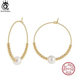 ORSA JEWELS Fashion 925 14K Gold Bead Hoop Earrings with Natural Freashwater Pearl for Women Vintage Pearls Jewellery GPE79 240119