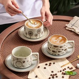 Mugs Japanese Retro Coffee Cup And Plate Set Rough Ceramic Relief Flower Creative Exquisite Afternoon Tea