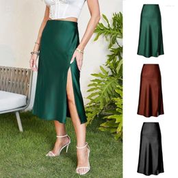 Skirts Women Split Skirt Satin Silk High Waist Straight Mid-calf Length Loose Hem Lady Prom Party Commute A-Line Elegant Midi