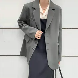 Women's Suits Retro Grey Blazer For Women - Spring/Autumn Korean-Style Loose-Fit Jacket Trendy INS Influencer Hong Kong Fashion Inspired