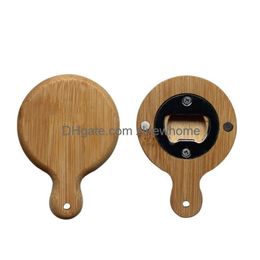 Openers Creative Bamboo Wooden Bottle Opener With Handle Fridge Magnet Home Decoration Corkscrew Custom Logo Drop Delivery Garden Ki Dhawk