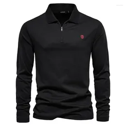 Men's Polos 2024 Summer Men Fashion Solid Colour Cotton Long Sleeve Polo Shirts Mens Casual Laple Embroidery Tops Zipper T-shirts