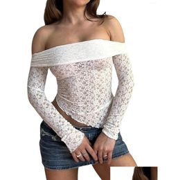 Womens T-Shirt T Shirts Sheer Mesh See Through Round Neck Slim Fit Blouse Women S Elegant Floral Lace Long Sleeve Top Shirt Y2K Drop D Otigq