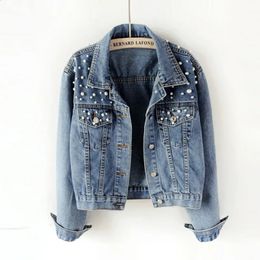 Denim Jacket for Women Womens Beaded Diamond Coat Female Student Light Blue Loose 240130