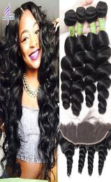 Brazilian Loose Wave Human Hair Weave 4 Bundles with Lace Frontal Pre Plucked Lace Frontal Closure with Bundles Brazilian Virgin H4853003