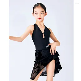 Stage Wear Children Latin Dance Dress For Girls Rose Mesh Black Suit Practice Rumba Cha Performance Costume Summer DNV19392