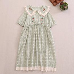 Party Dresses Summer Sweet Mori Style Plaid Embroidered Dress Women Short Sleeve Midi