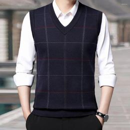 Men's Vests Men Fall Spring Sweater Vest Knitted Loose Pullover Plaid Print Soft Warm Mid-aged Father Grandfather