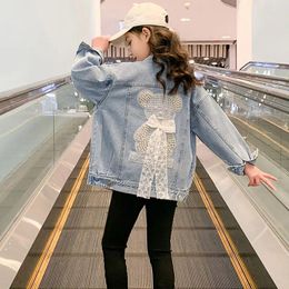 Jackets Young Girls' Beaded Old Sequin Denim Jacket Single Breasted Top 2024 Spring Turndown Collar Children's Clothes Korean 5-12 Yrs