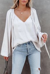 Women's Blouses White Tie V Neck Pleated Puff Sleeve Satin Blouse Women Fall Casual Soft Tee Shirts Female Harajuku Mujer Top Outfits