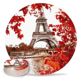 Table Mats Red Tower Oil Painting Ceramic Set Kitchen Round Placemat Luxury Decor Coffee Tea Cup Coasters