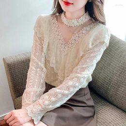 Women's Blouses Elegant Hollow Flower Lace Shirt 2024 Stand Collar Blouse Women Ruffle Design Ladies Casual Mesh Long Sleeve Loose Tops