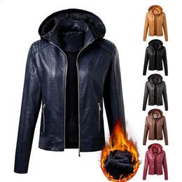 Arrival Autumn Winter PU Leather Coat Women Fashion Hooded Collar Velvet Keep Warm Short Womens Leather Jacket S-XL 240131