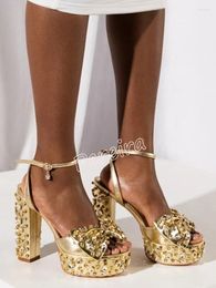 Sandals Gold Bow Rhinestone Platform Women Chunky Heel Round Toe Ankle Buckle Strap Solid Summer Party Shoes