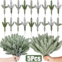 Decorative Flowers 5/10pcs Christmas Pine Needle Branches Xmas Tree Artificial Fake Plant Snowy Twigs Frosted Pines Garland Wreath Party