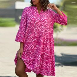 Casual Dresses Soft Dress Bohemian Geometric Print Midi With Three Quarter Horn Sleeves A-line Patchwork Design For Women's Spring Summer